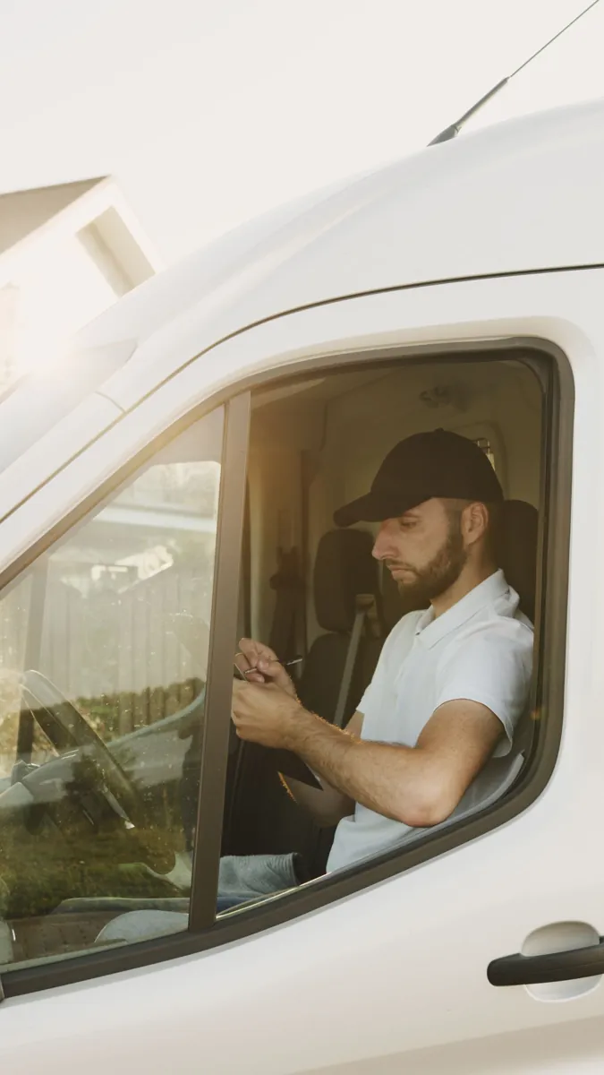 Plumber in a work van checking a new booked appointment on a phone